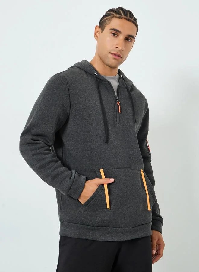 تايك تو Men Grey Half-Zip Hoodie with Kangaroo Pocket